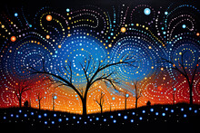Australian Aboriginal Dot Painting Style Art Dreamtime Story Of A Night Sky.