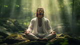 Fototapeta  - young man meditating in the forest