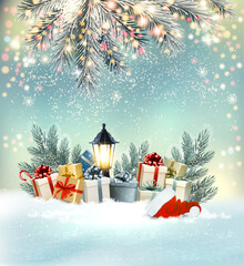 Leinwandbilder - Merry Christmas Background with gift boxes and santa hat. Vector