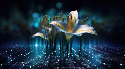 Wall Mural - Futuristic lily flower with circuit big data technology. AI generated image