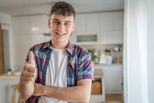 Portrait Of Teenage Boy Caucasian Teen Male Young Man Stand At Home