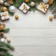 Wall Mural - Trendy Christmas pattern made with yellow and white Christmas tree ornaments, gift boxes and pine branches on wooden light background with space for writing. Minimal Concept of New Year's Flat lay.