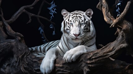 Photorealistic Illustration of Majestic White Tiger Laying on a Branch of a Tree at Night. Generative AI.