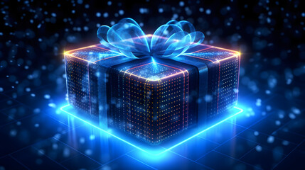 Christmas digital gift with blue neural connection lines and glowing dots, holographic binary, background, copy space.