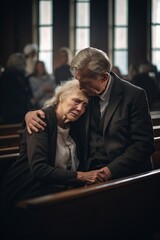 Wall Mural - a funeral sad elderly couple crying in church