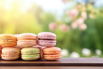 French macarons on wood table top with empty space, front view, blurred green summer background. Macaroon on brown wood desk, soft colors pastry banner. Homemade sweet dessert generated by AI