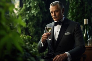 Wall Mural - 6. A distinguished gentleman, surrounded by the symmetrical rows of verdant vines, raises his glass to toast to a life steeped in elegance, where refined s know no bounds.
