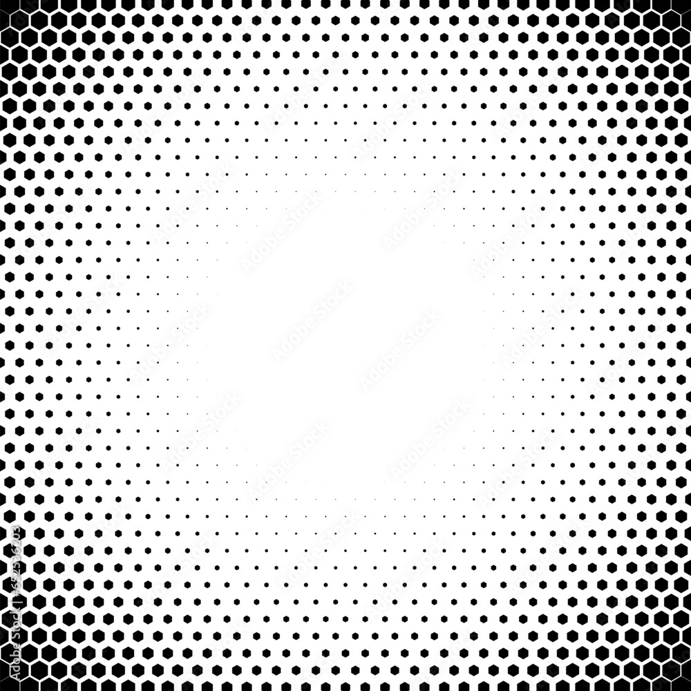Halftone effect gradient black hexagons offset grid. Square frame ...