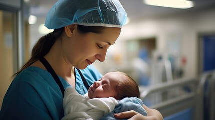 Nurse is holding a newborn baby in the hospital