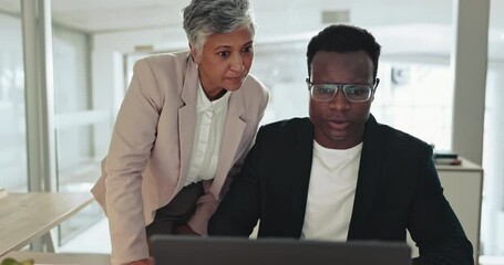 Canvas Print - Business woman, man and laptop with mentor, coaching or brainstorming for problem solving in office. Senior manager, partnership and employee with computer, thinking and advice for solution together