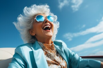 Poster - Elderly woman in cabriolet enjoying the ride. Portrait with selective focus and copy space