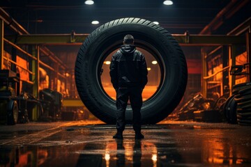 Wall Mural - Tire master. Portrait with selective focus and copy space