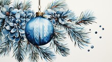 A Blue Ball Hangs On A Christmas Tree Branch Covered With Snow. Christmas Background On A Greeting Card In Watercolor Style. Free Space For Text. Copy Space