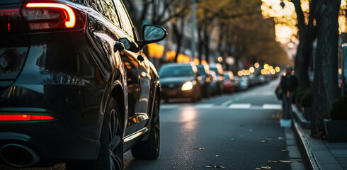 Rear view of black Business car on the street in autumn day. 	Rear side of modern car with traffic on the road.
