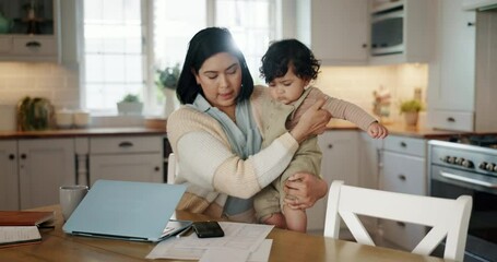 Canvas Print - Remote work, multitasking and mother with baby in a kitchen on a laptop for telework or productivity at home. Freelancer, balance and mom with newborn online in a house, juggle or time management