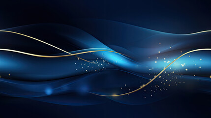 Wall Mural - Blue luxury background with golden line decoration and curve light effect with bokeh elements.