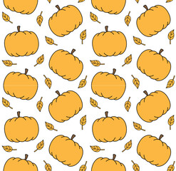 Sticker - Vector seamless pattern of retro groovy pumpkin and leaves isolated on white background