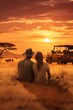 couple sitting on the floor Grass and a jeep in the grass field with wild animals in the background, the sunset