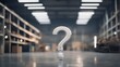 A white question mark standing in the middle of an empty warehouse or gym with a sepia look, beautiful blurry hidden light indoor background. AI generative.