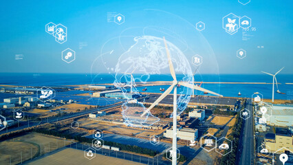Aufkleber - Wind power turbine and earth environment technology concept. Sustainable development goals. SDGs.