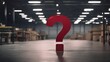 A big red question mark standing in the middle of an empty warehouse or gym with a sepia look, beautiful blurry hidden light indoor background. AI generative.