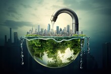 Drop Of Water Falls From Earth In A Water Saving Concept. Generative AI