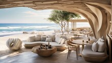 A Beachfront Cafe With Sandy Floors, Driftwood Furniture, And Views Of The Rolling Waves