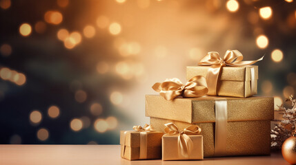 Wall Mural - gift boxes on wooden table. Christmas and new year background with blur festive bokeh lighting