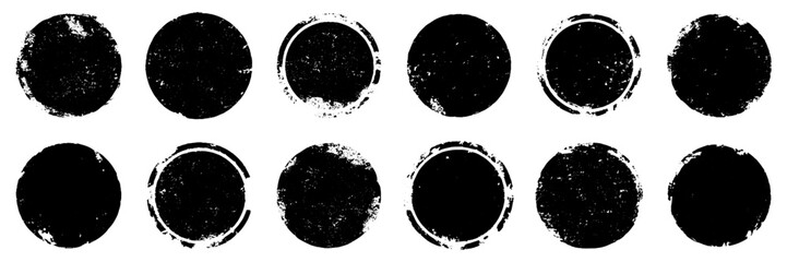 set of black grunge ink stamp circles, round shape stamp