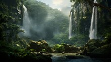 A Majestic Waterfall Surrounded By Mist And Lush Vegetation In A Rainforest