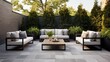 a minimalist outdoor terrace with sleek furnishings, geometric design, and a sense of simplicity
