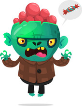 Cartoon Funny Green Zombie With Pink Brains Outside Of The Head. Halloween Vector Illustration Isolated