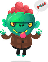 Cartoon Funny Green Zombie With Pink Brains Outside Of The Head. Halloween Vector Illustration Isolated