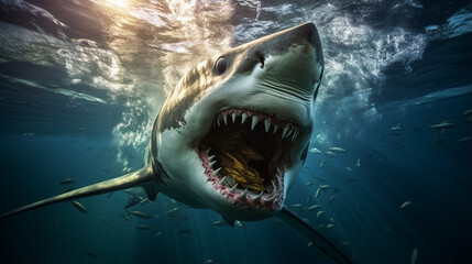 Wall Mural -  photo illustration of a shark opening its mouth