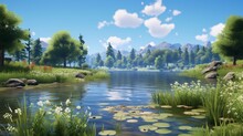 A Tranquil Lakeside Scene With Calm Waters, Lush Greenery, And A Clear Blue Sky