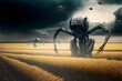 its storm season in the vast farmland of the year 2090 alien looking robots hover over crops to harvest them they have pipes coming from underneath them harvesting the crops realistic photo 100mm 