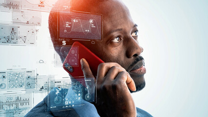 Aufkleber - A man using a smartphone and digital data. DX. AI.