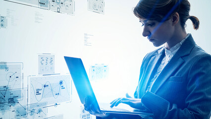 Poster - A woman using a laptop PC and digital data