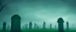 Scary foggy graveyard with green sky from Generative AI