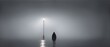 Silhouette of a person standing on the side of a rive on a foggy night. from Generative AI