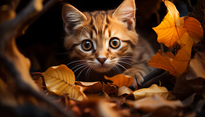 A cute kitten playing in the autumn forest, fluffy and playful generated by AI