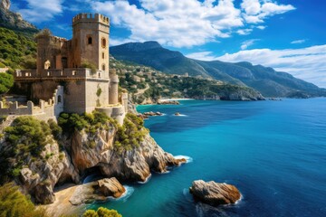 Poster - Majestic medieval castle perched on a rocky cliff overlooking a tranquil azure sea with billowing white clouds above.