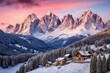 Snow-covered alpine village nestled within a dense pine forest surrounded by towering, snow-capped peaks at dawn.