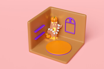 Wall Mural - 3d isometric room for halloween holiday party with cylinder stage podium empty, pumpkin head, tree, timber, skull necklace isolated on pink background. 3d render illustration