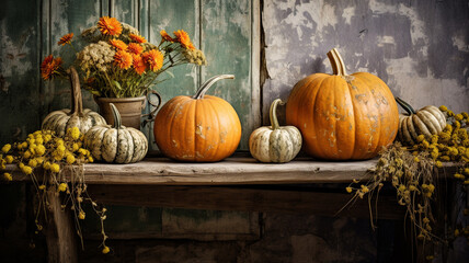 Wall Mural - Autumn pumpkins and flowers in the rustic style