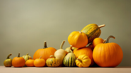 Canvas Print - Assortment of pumpkins and squashes on a solid colored background