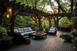 Well-designed outdoor deck with a pergola, lounging area, and greenery, Generative AI