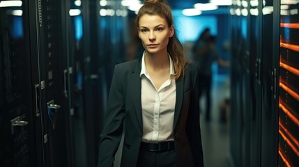 Aufkleber - Confident woman engineer working in data center, Data Protection Network for Cyber Security.