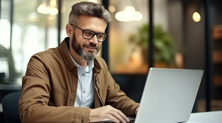 Leinwandbilder - Senior business man working on laptop, Experienced programmer inside office at workplace.