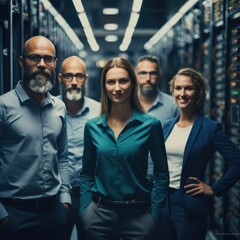 Poster - Business analysts proudly overseeing technology infrastructure in big database server center office.